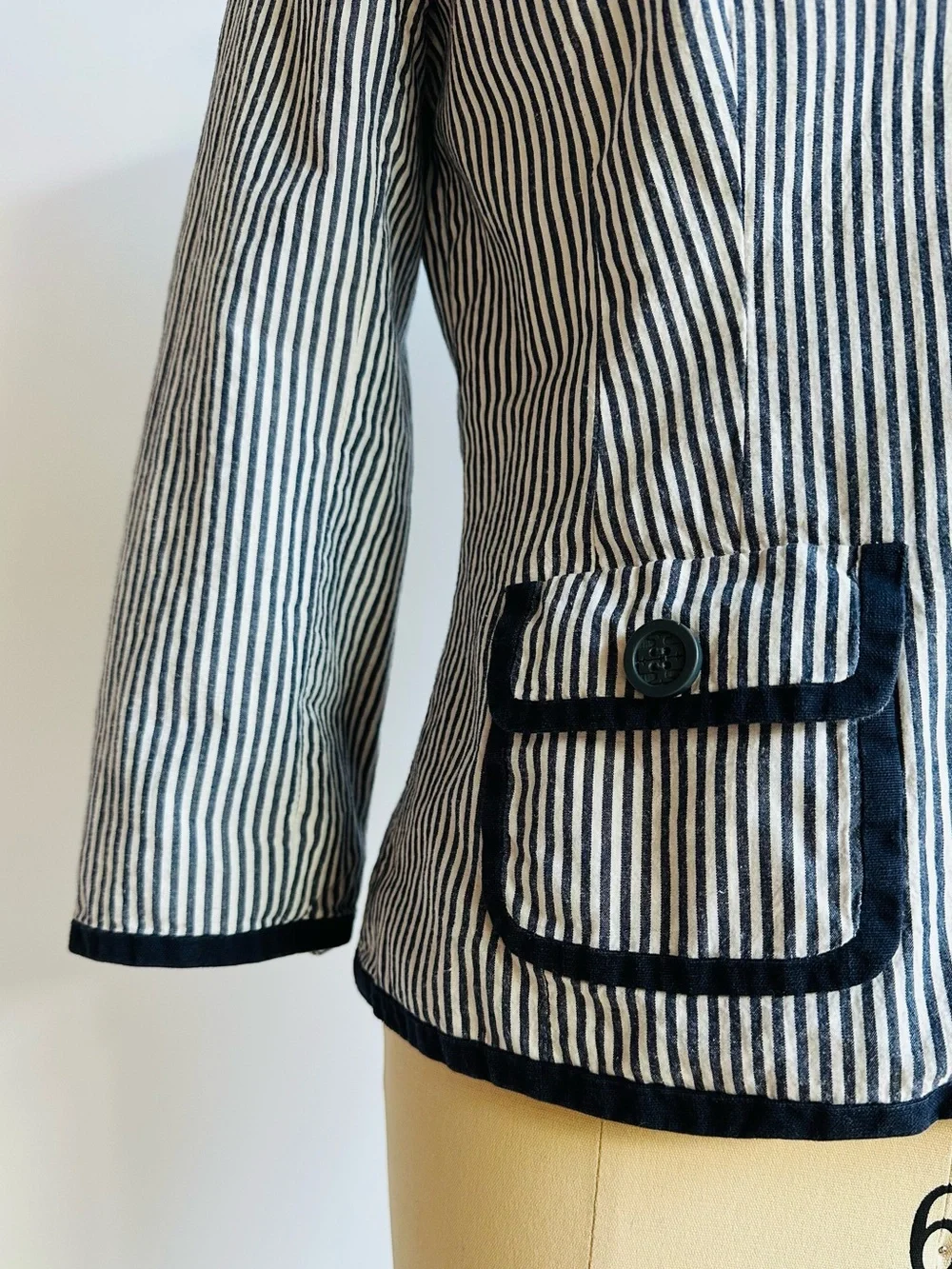 Vintage Tory Burch Seersucker Stripe Linen Cotton Blazer Jacket Navy Preppy